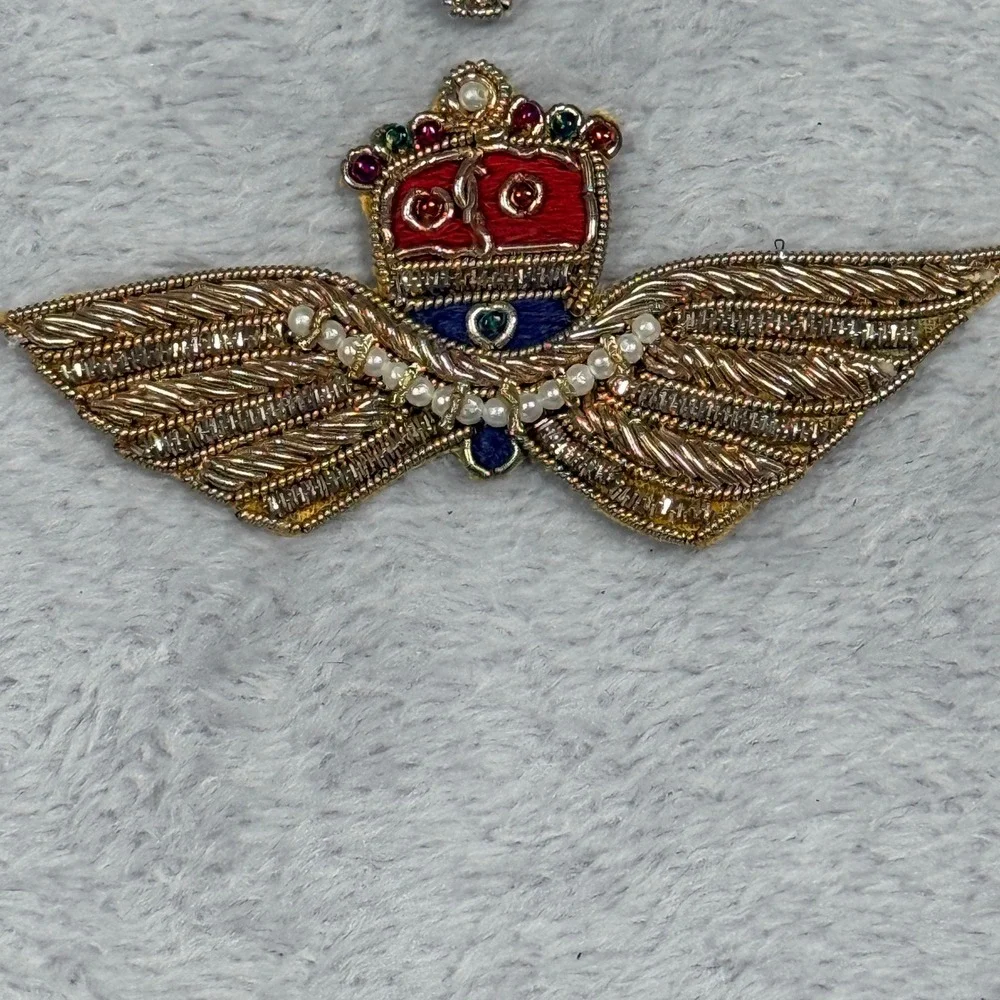 Bullion Crest Patches Unisex Gold Red Blue Metallic Winged Crown 2pc